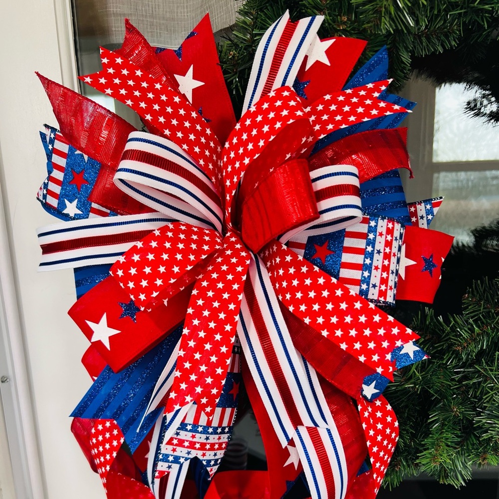 XL Patriotic Red, Navy & White Ribbon Bow Wreath Accent Handmade